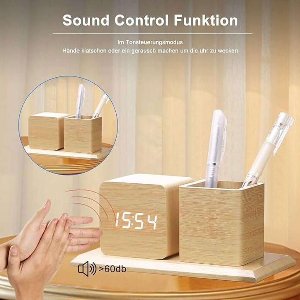 Smart Wood Pen Holder with Control Alarm Clock