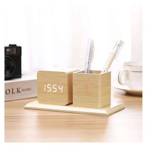 Smart Wood Pen Holder with Control Alarm Clock